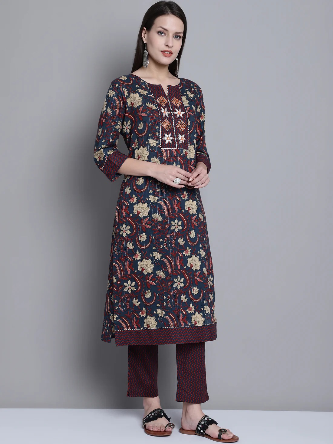 Women’s Casual Navy Blue Printed & Embroidered Palazzo Set